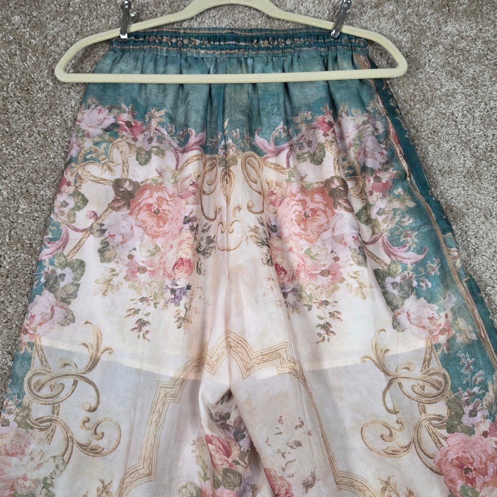 Womens Floral Baroque Wide Leg Palazzo Pants Teal Pink Romantic Boho Drawstring - Picture 8 of 9